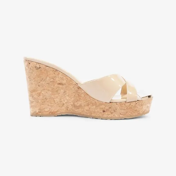 Jimmy Choo nude Patent leather cork wedge Sz 42