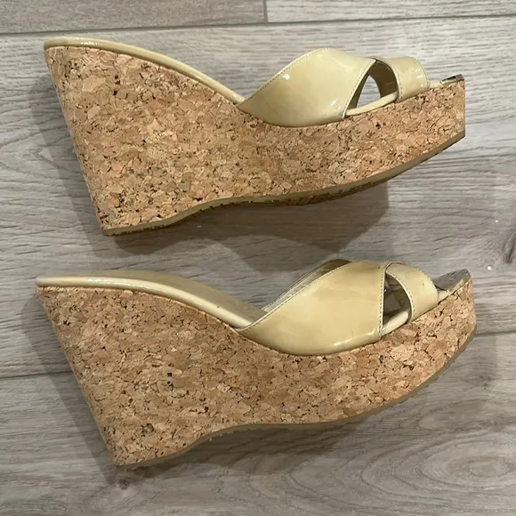 Jimmy Choo nude Patent leather cork wedge Sz 42
