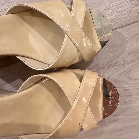 Jimmy Choo nude Patent leather cork wedge Sz 42