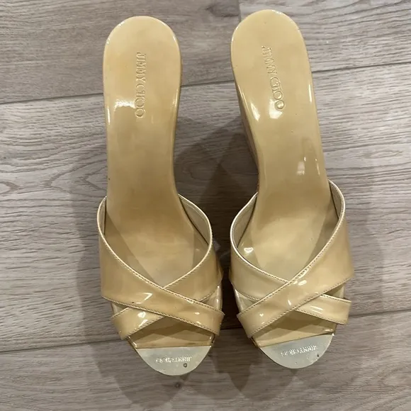 Jimmy Choo nude Patent leather cork wedge Sz 42
