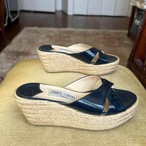 Jimmy Choo Paisley Espadrille Slide Wedge Sandals in Navy Blue, Size 36