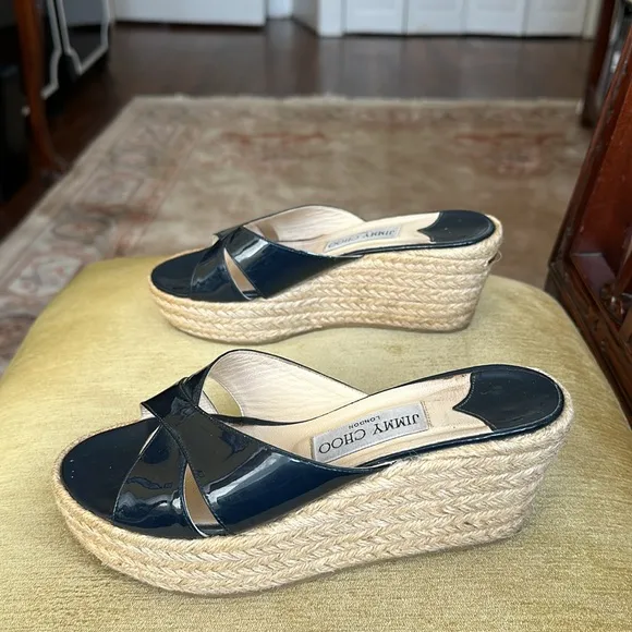 Jimmy Choo Paisley Espadrille Slide Wedge Sandals in Navy Blue, Size 36