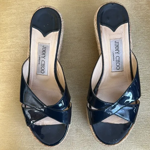 Jimmy Choo Paisley Espadrille Slide Wedge Sandals in Navy Blue, Size 36