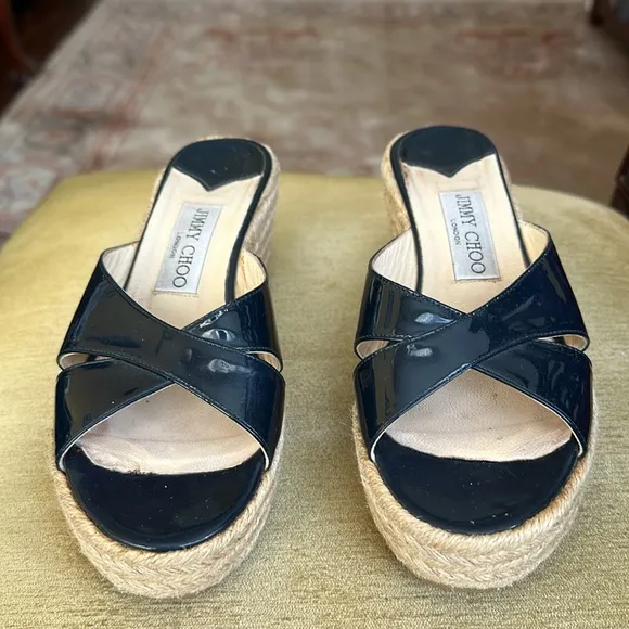 Jimmy Choo Paisley Espadrille Slide Wedge Sandals in Navy Blue, Size 36
