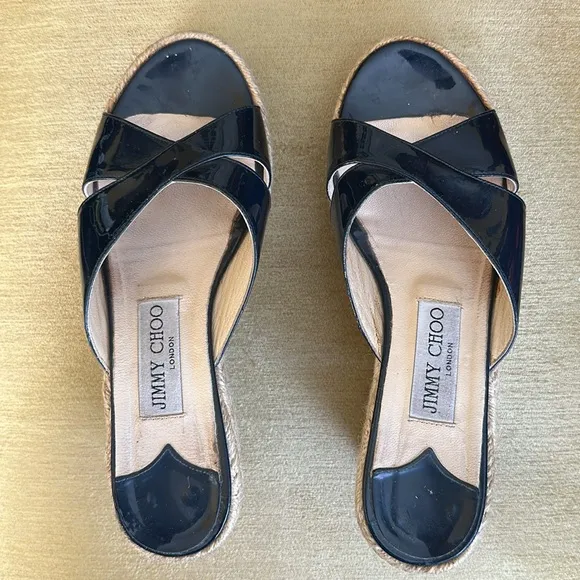 Jimmy Choo Paisley Espadrille Slide Wedge Sandals in Navy Blue, Size 36