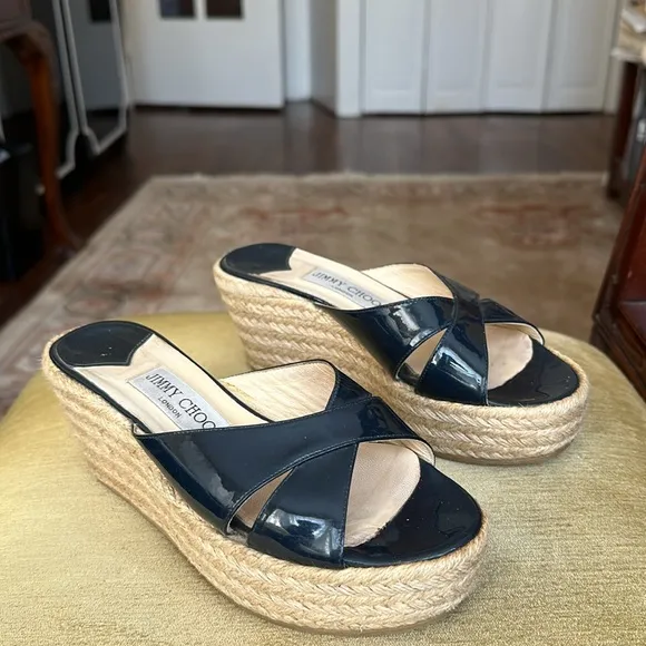 Jimmy Choo Paisley Espadrille Slide Wedge Sandals in Navy Blue, Size 36