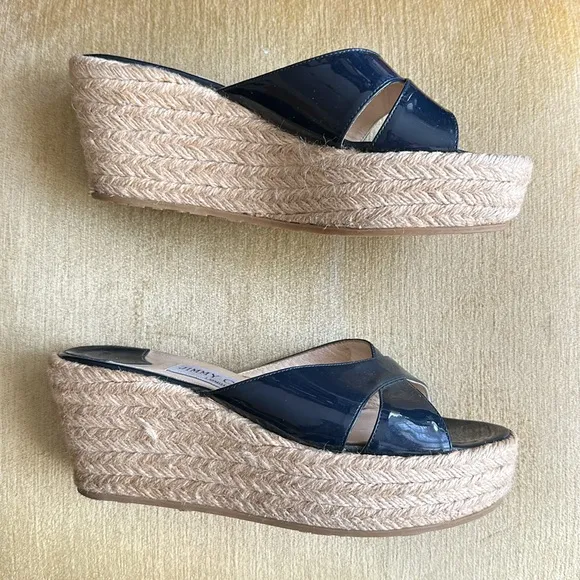 Jimmy Choo Paisley Espadrille Slide Wedge Sandals in Navy Blue, Size 36