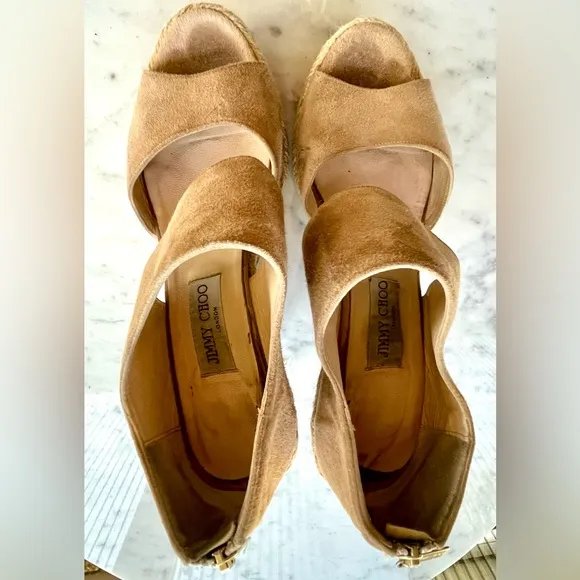 Jimmy Choo real suede rope-heeled wedges, zip back, beige, in box, sz42