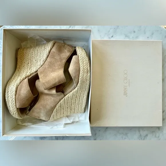 Jimmy Choo real suede rope-heeled wedges, zip back, beige, in box, sz42