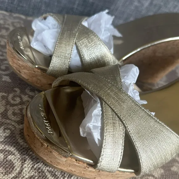 Jimmy Choo Shimmery Gold Pandora Cork Wedges Slide Sandals Size 39.5