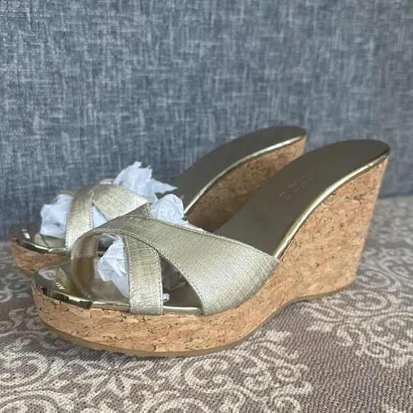 Jimmy Choo Shimmery Gold Pandora Cork Wedges Slide Sandals Size 39.5