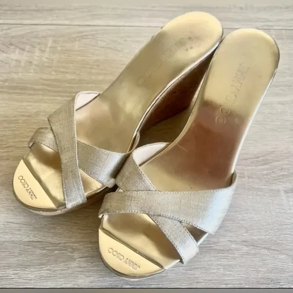 Jimmy Choo Shimmery Gold Pandora Cork Wedges Slide Sandals Size 39.5