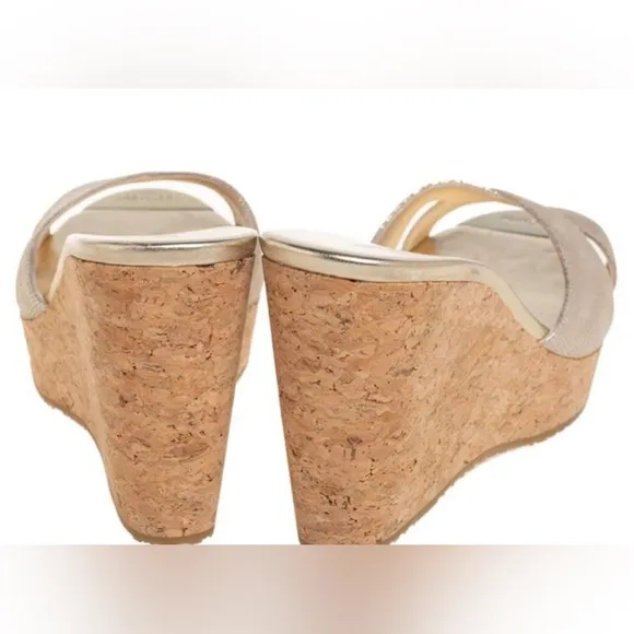 Jimmy Choo Shimmery Gold Pandora Cork Wedges Slide Sandals Size 39.5