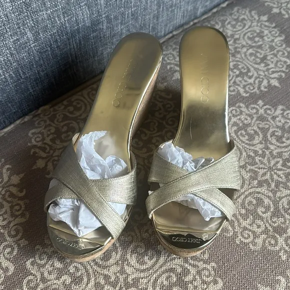 Jimmy Choo Shimmery Gold Pandora Cork Wedges Slide Sandals Size 39.5