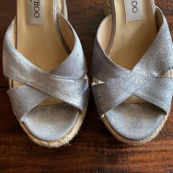 🌟🌟JIMMY CHOO SILVER WEDGE ESPADRILLE SLIDES🌟🌟
