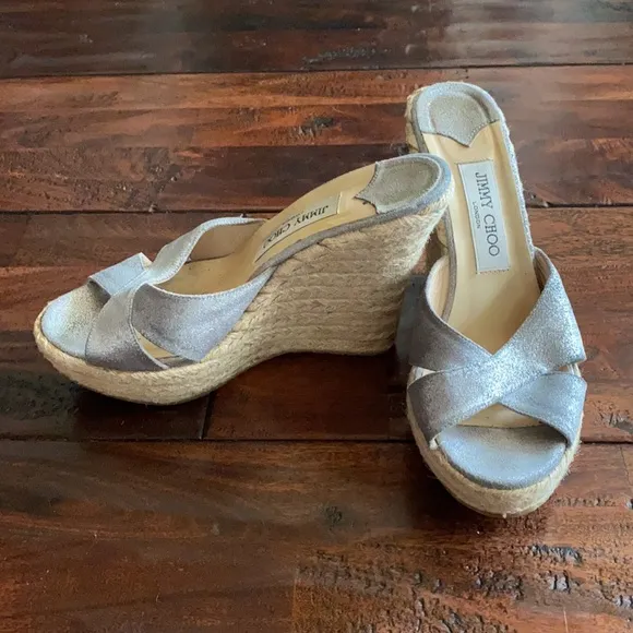 🌟🌟JIMMY CHOO SILVER WEDGE ESPADRILLE SLIDES🌟🌟