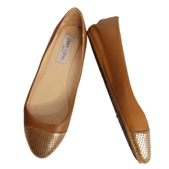 Jimmy Choo Waine Gold Tan Leather Ballet Flats