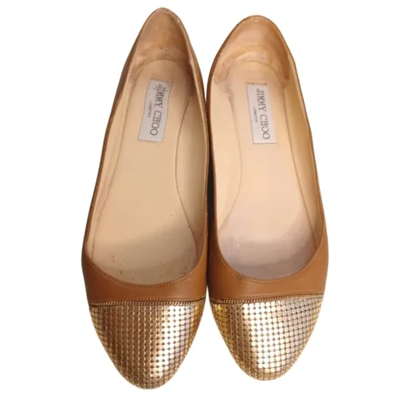 Jimmy Choo Waine Gold Tan Leather Ballet Flats