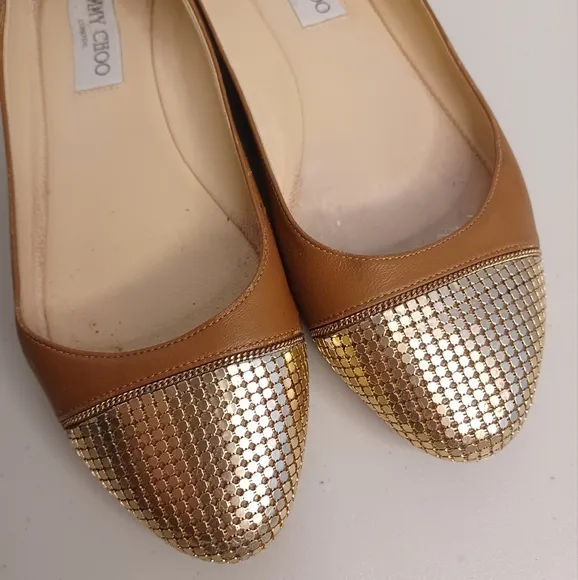 Jimmy Choo Waine Gold Tan Leather Ballet Flats