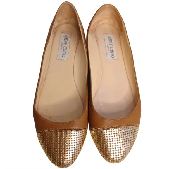 Jimmy Choo Waine Gold Tan Leather Ballet Flats