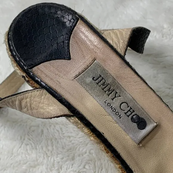 Jimmy Choo Women's Phoenix Black Embossed Straw Espadrille Wedges Size 42