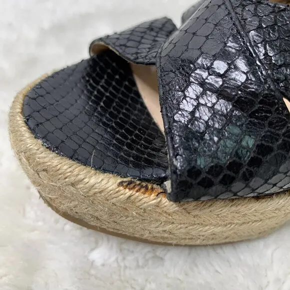 Jimmy Choo Women's Phoenix Black Embossed Straw Espadrille Wedges Size 42