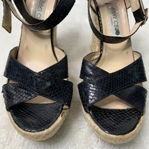 Jimmy Choo Women's Phoenix Black Embossed Straw Espadrille Wedges Size 42