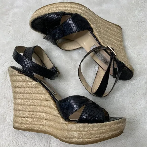 Jimmy Choo Women's Phoenix Black Embossed Straw Espadrille Wedges Size 42