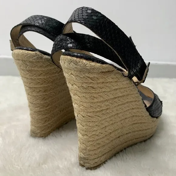 Jimmy Choo Women's Phoenix Black Embossed Straw Espadrille Wedges Size 42