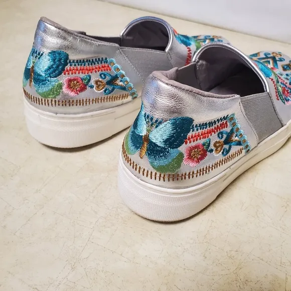 Johnny Was Butterfly Embroidered Silver Metallic Sneaker Boat Loafer 'Vinny'
