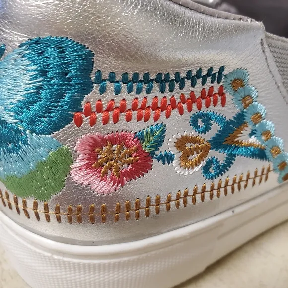 Johnny Was Butterfly Embroidered Silver Metallic Sneaker Boat Loafer 'Vinny'