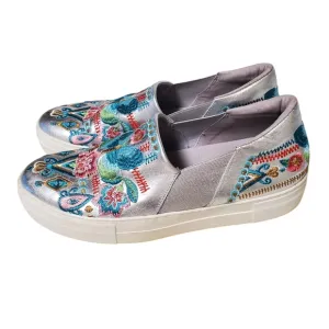 Johnny Was Butterfly Embroidered Silver Metallic Sneaker Boat Loafer 'Vinny'