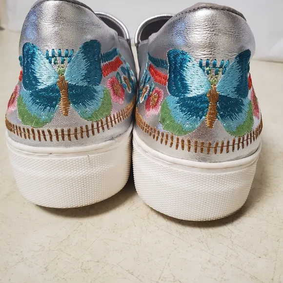 Johnny Was Butterfly Embroidered Silver Metallic Sneaker Boat Loafer 'Vinny'