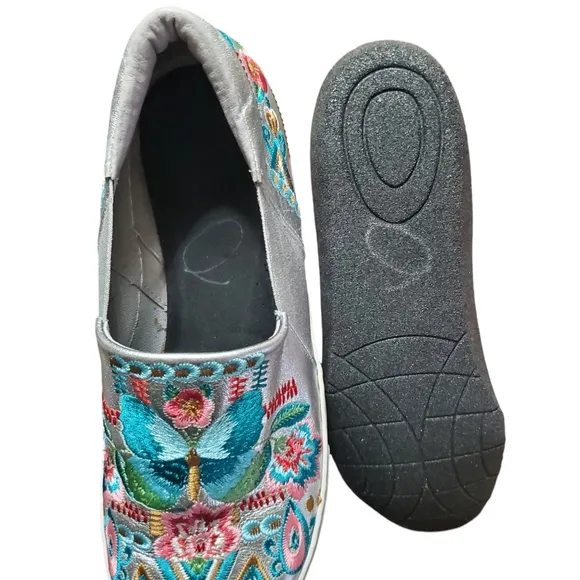Johnny Was Butterfly Embroidered Silver Metallic Sneaker Boat Loafer 'Vinny'