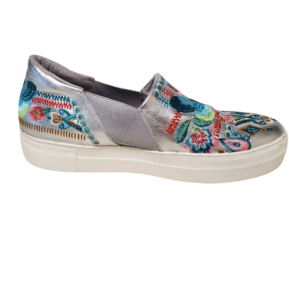 Johnny Was Butterfly Embroidered Silver Metallic Sneaker Boat Loafer 'Vinny'
