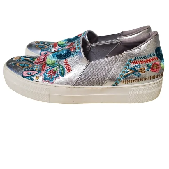 Johnny Was Butterfly Embroidered Silver Metallic Sneaker Boat Loafer 'Vinny'