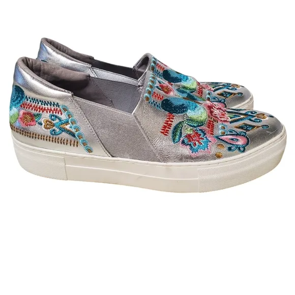 Johnny Was Butterfly Embroidered Silver Metallic Sneaker Boat Loafer 'Vinny'