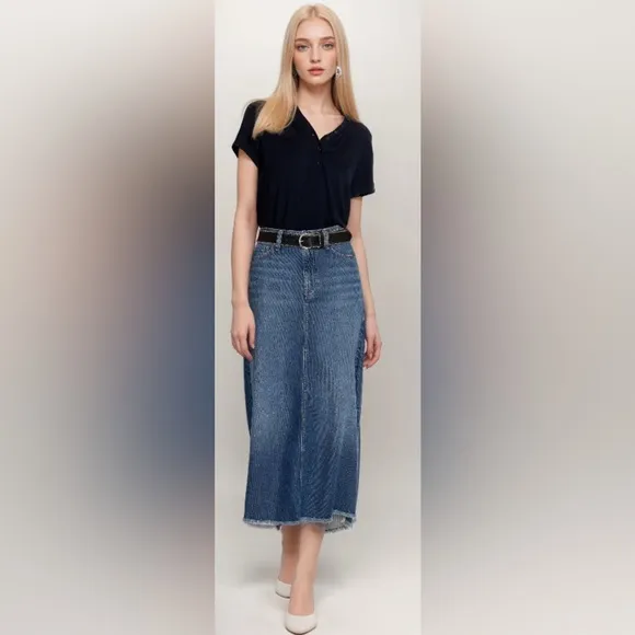 Johnny Was Denim Midi Skirt with Frayed Hem NWT Size 28