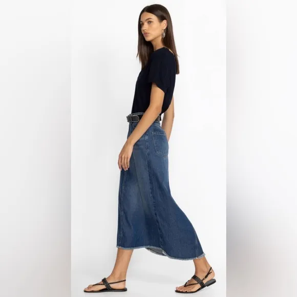 Johnny Was Denim Midi Skirt with Frayed Hem NWT Size 28