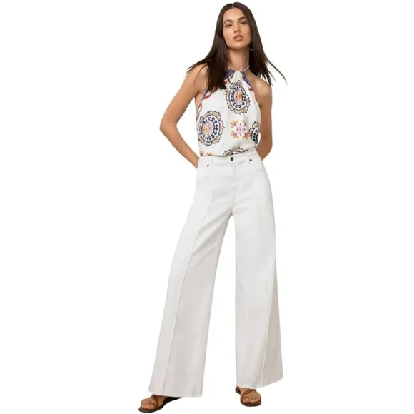 Johnny Was The Braided Wide Leg High Rise Stretch Jean White $278 NWT