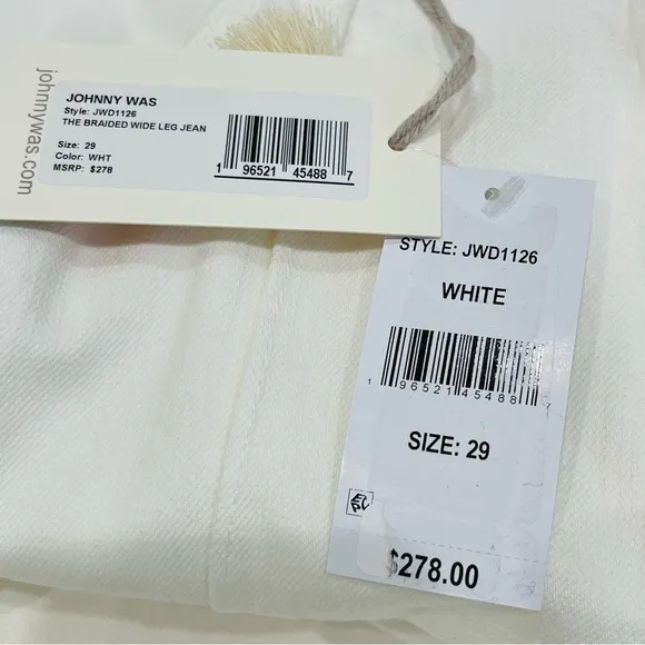 Johnny Was The Braided Wide Leg High Rise Stretch Jean White $278 NWT