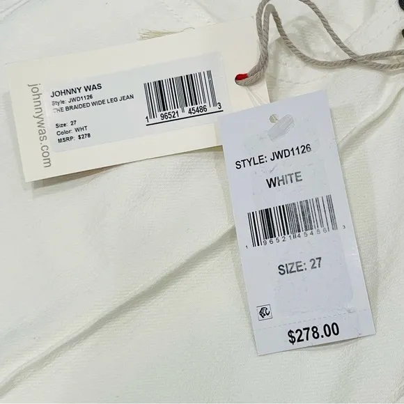 Johnny Was The Braided Wide Leg High Rise Stretch Jean White $278 NWT