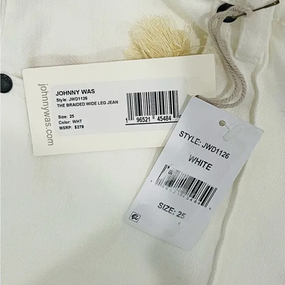 Johnny Was The Braided Wide Leg High Rise Stretch Jean White $278 NWT
