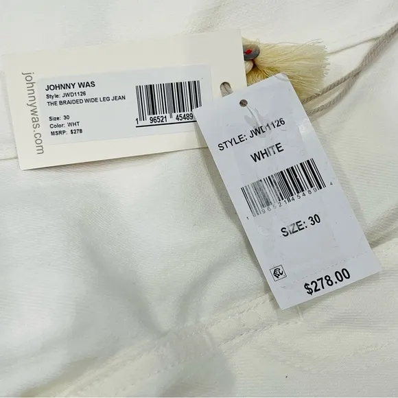 Johnny Was The Braided Wide Leg High Rise Stretch Jean White $278 NWT
