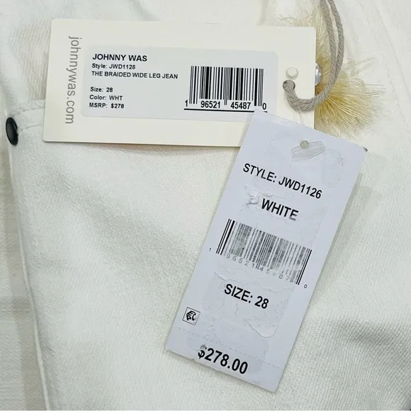 Johnny Was The Braided Wide Leg High Rise Stretch Jean White $278 NWT