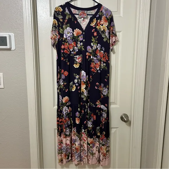 JOHNNY WAS The Janie favorite Elsa tiered henley dress purple in Size Large