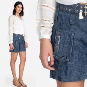 Johnny Was Zuma Belted Denim Textured Shorts Pockets Size 6 NEW