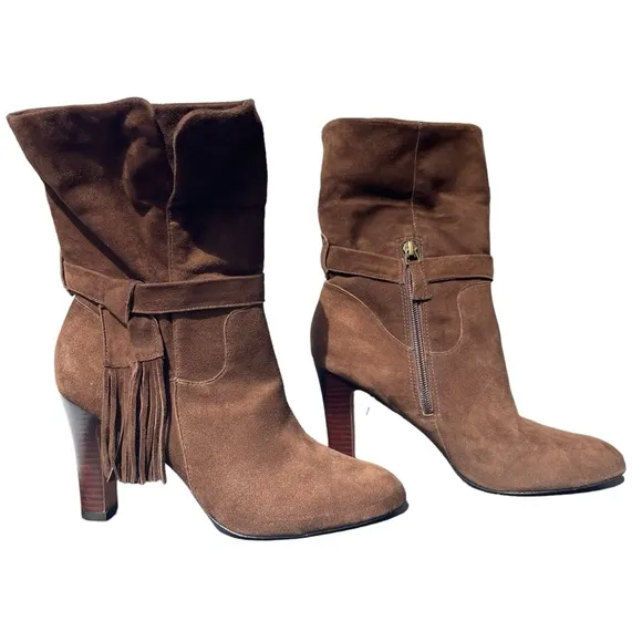 Johnston and Murphy Keaton Brown Suede Leather Fringe Cuff Heeled Boots Size 8.5