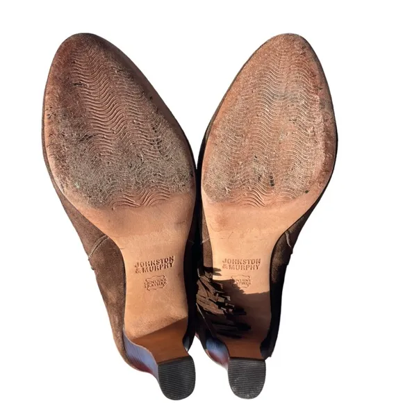 Johnston and Murphy Keaton Brown Suede Leather Fringe Cuff Heeled Boots Size 8.5