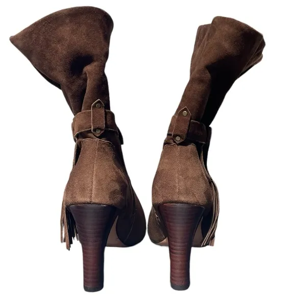 Johnston and Murphy Keaton Brown Suede Leather Fringe Cuff Heeled Boots Size 8.5